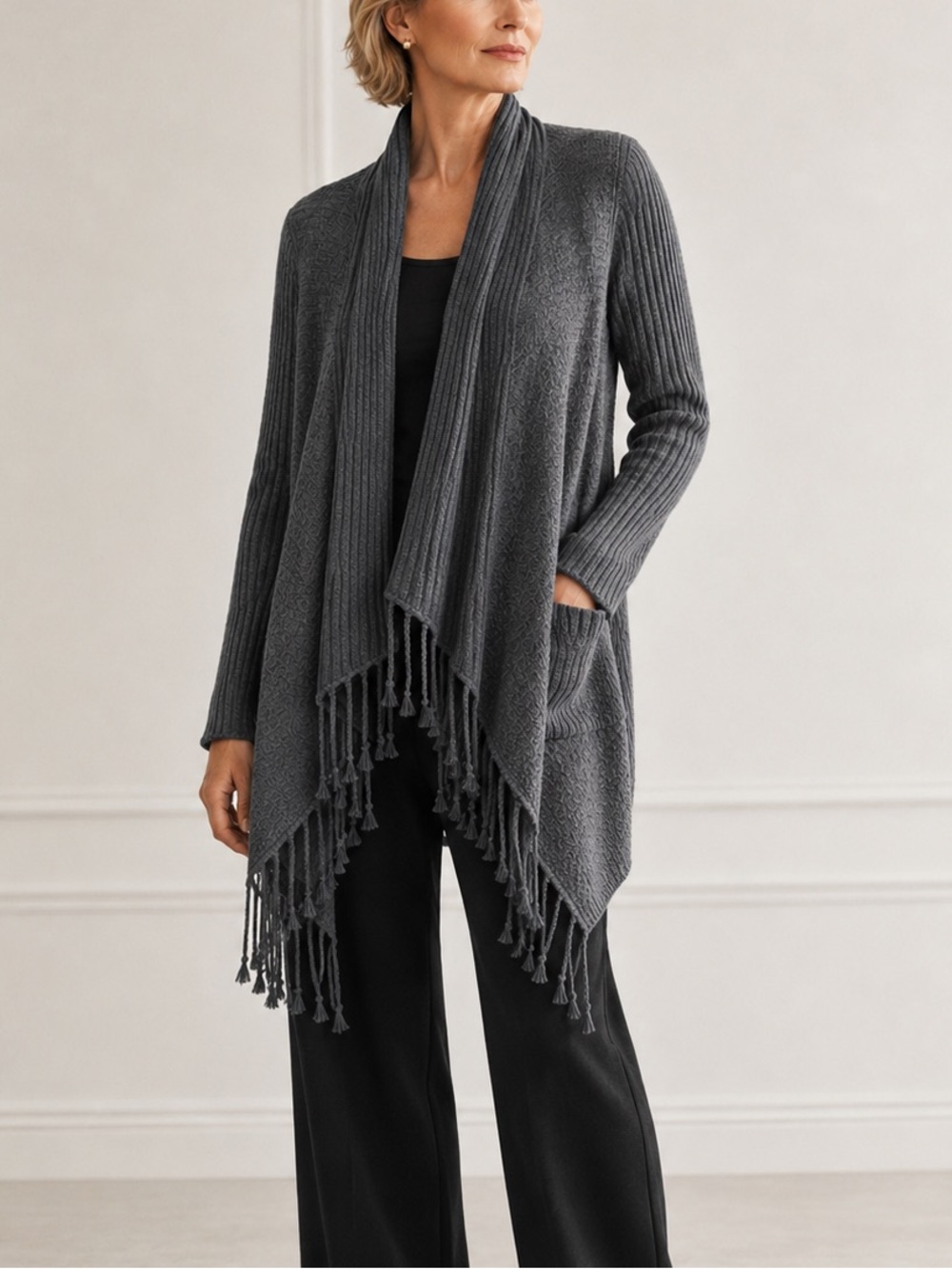 St. John grey ribbed fringe open front cardigan
